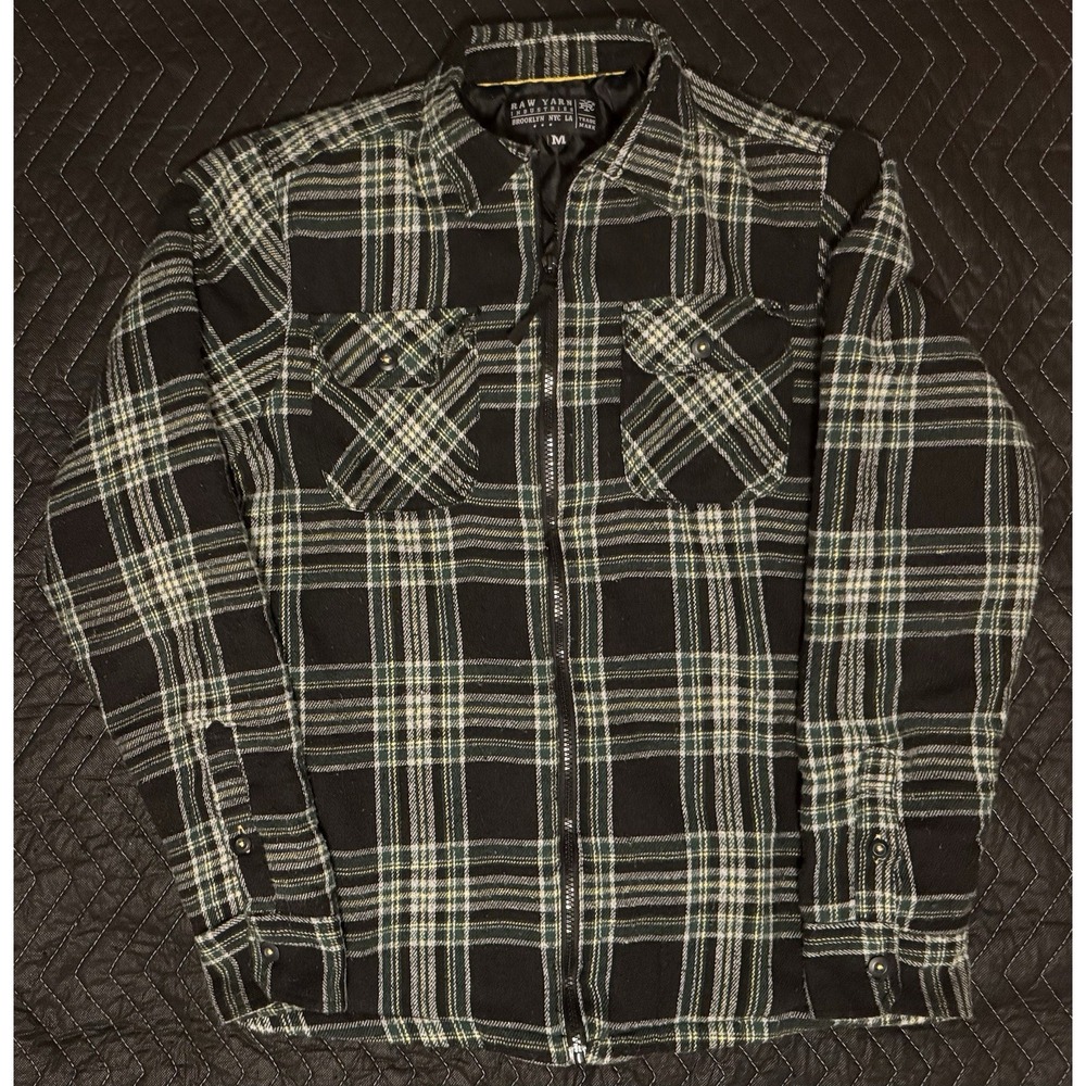 Raw Yarn Industries Plaid Flannel Jacket Mens Medium M Green Quilted Lined Zip